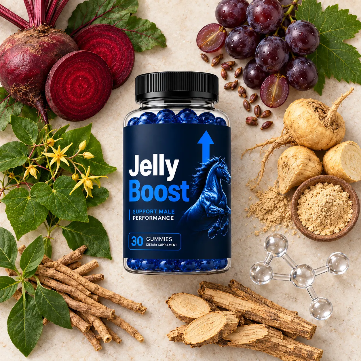 JellyBoost bottle with its natural ingredients: beet root, grape seed, tongkat ali, horny goat weed and maca root